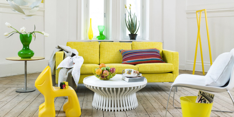 Living Room Interior With Yellow Velvet Sofa.