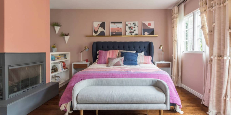 Interior Of Bedroom With Comfortable Bed Near Pink Wall.