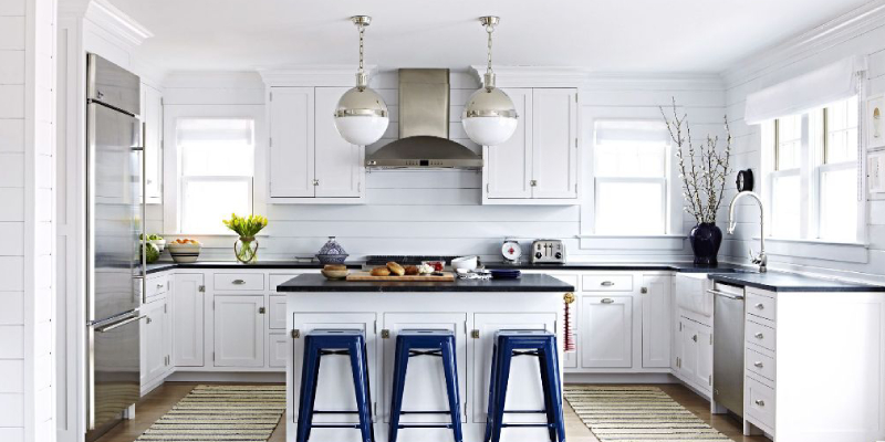 Blue & White Modern Design Kitchen With Lamp.